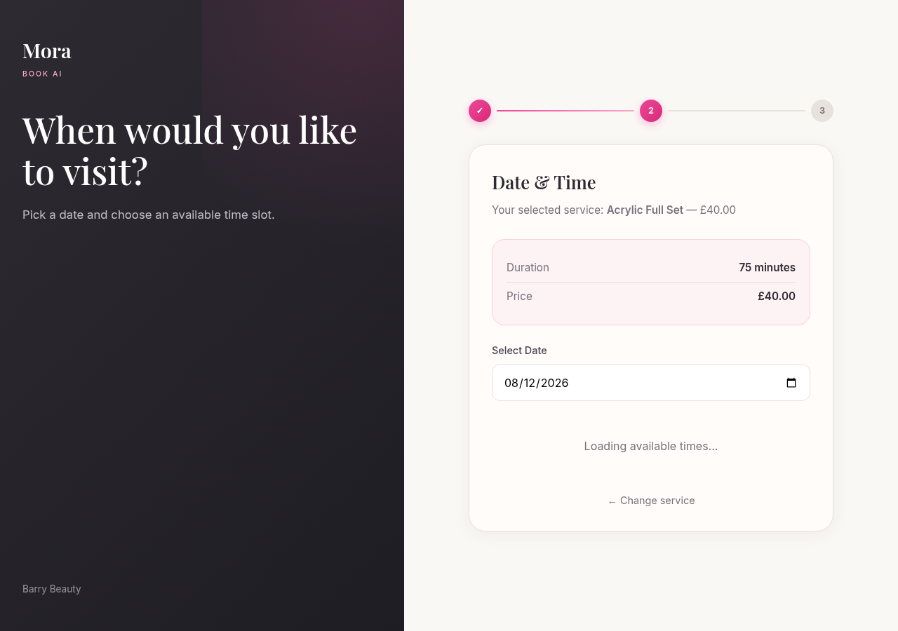 Client selecting an available date and time slot for their appointment