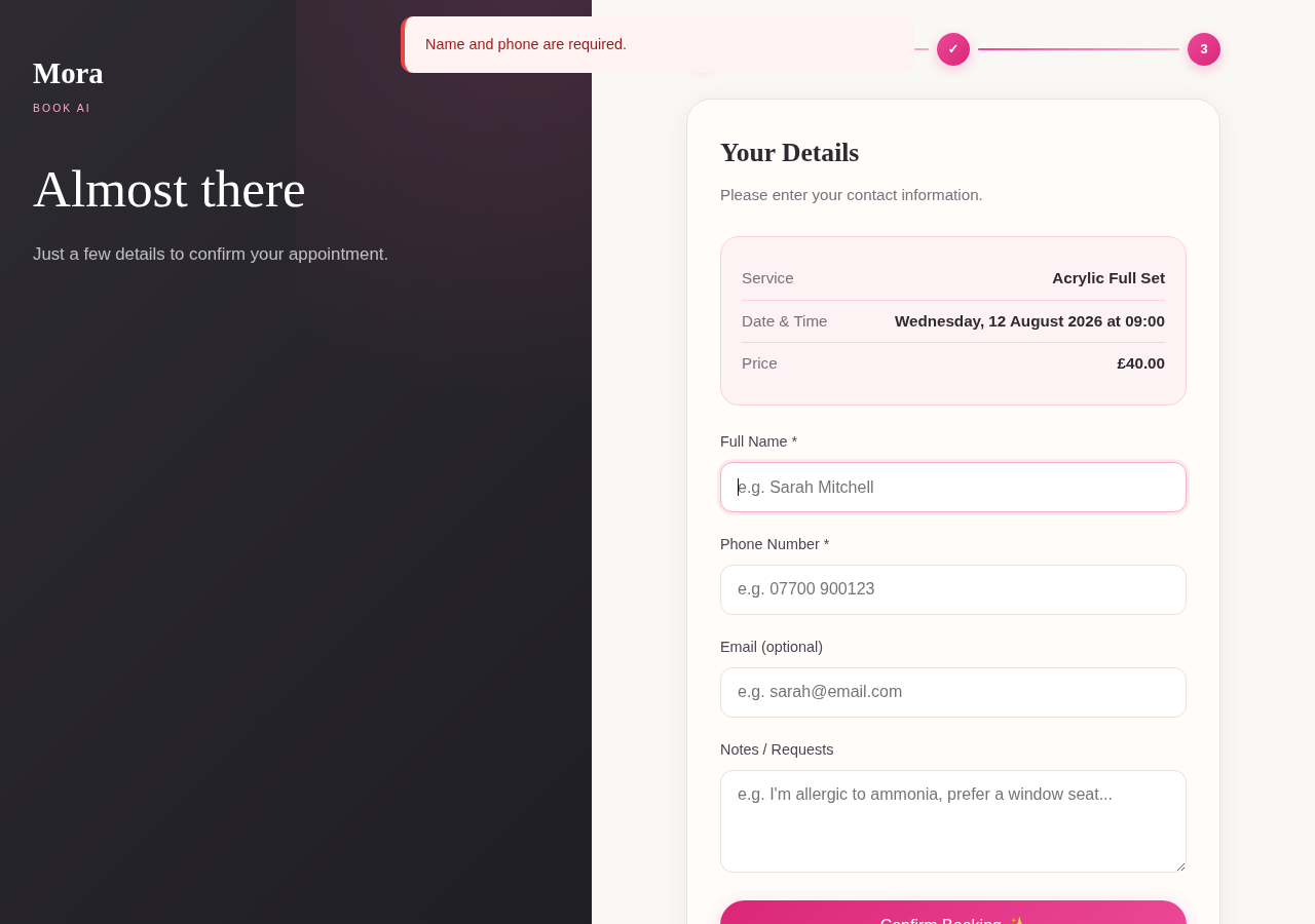 Client entering their details and paying a deposit to secure the booking