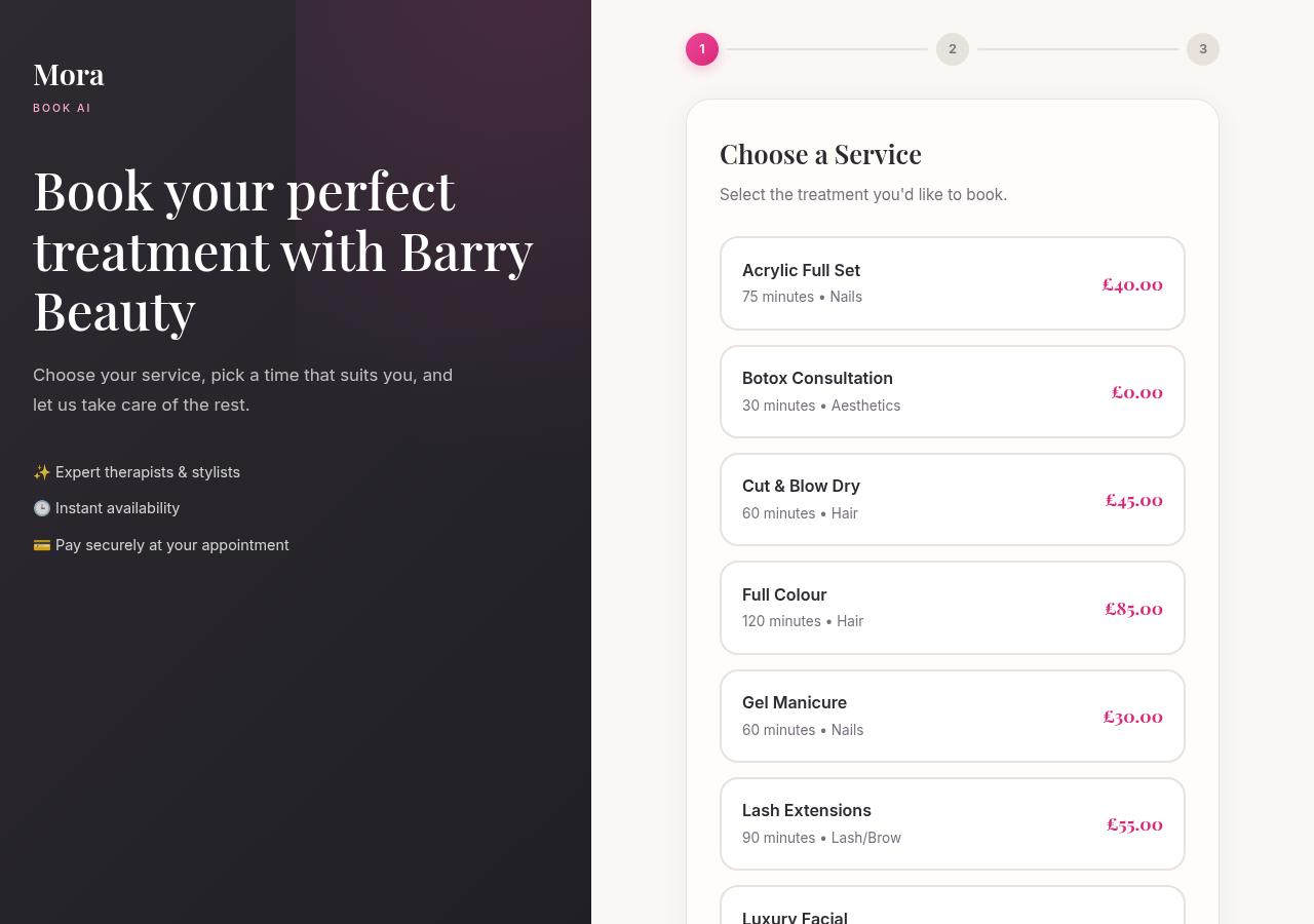 Client choosing a beauty treatment on the MoraBookAI online booking page