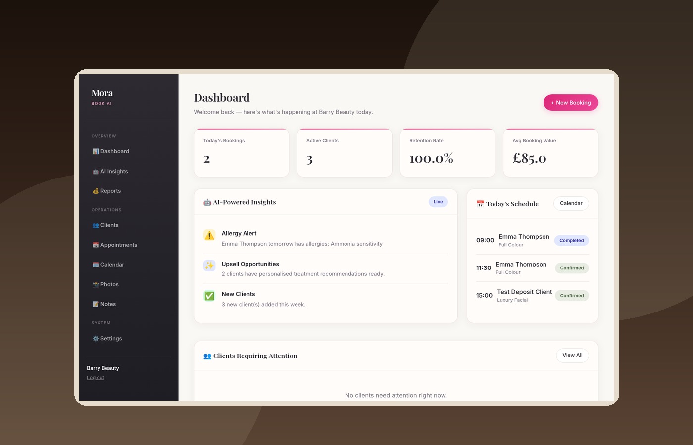 MoraBookAI admin dashboard showing today's bookings, AI insights and client schedule