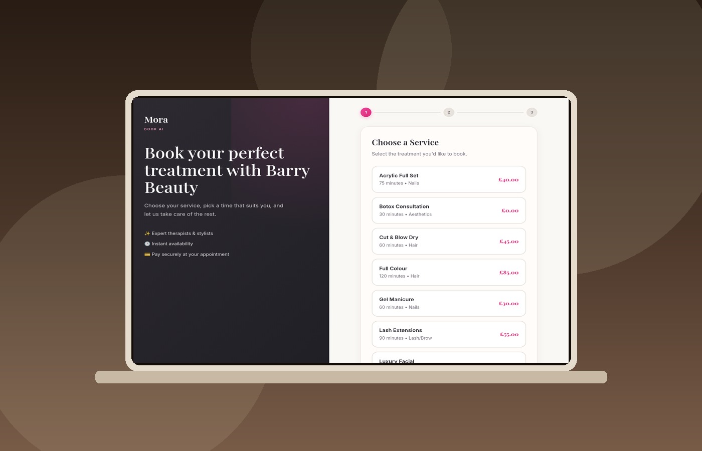 MoraBookAI online booking page shown on a laptop, where a client chooses a beauty treatment